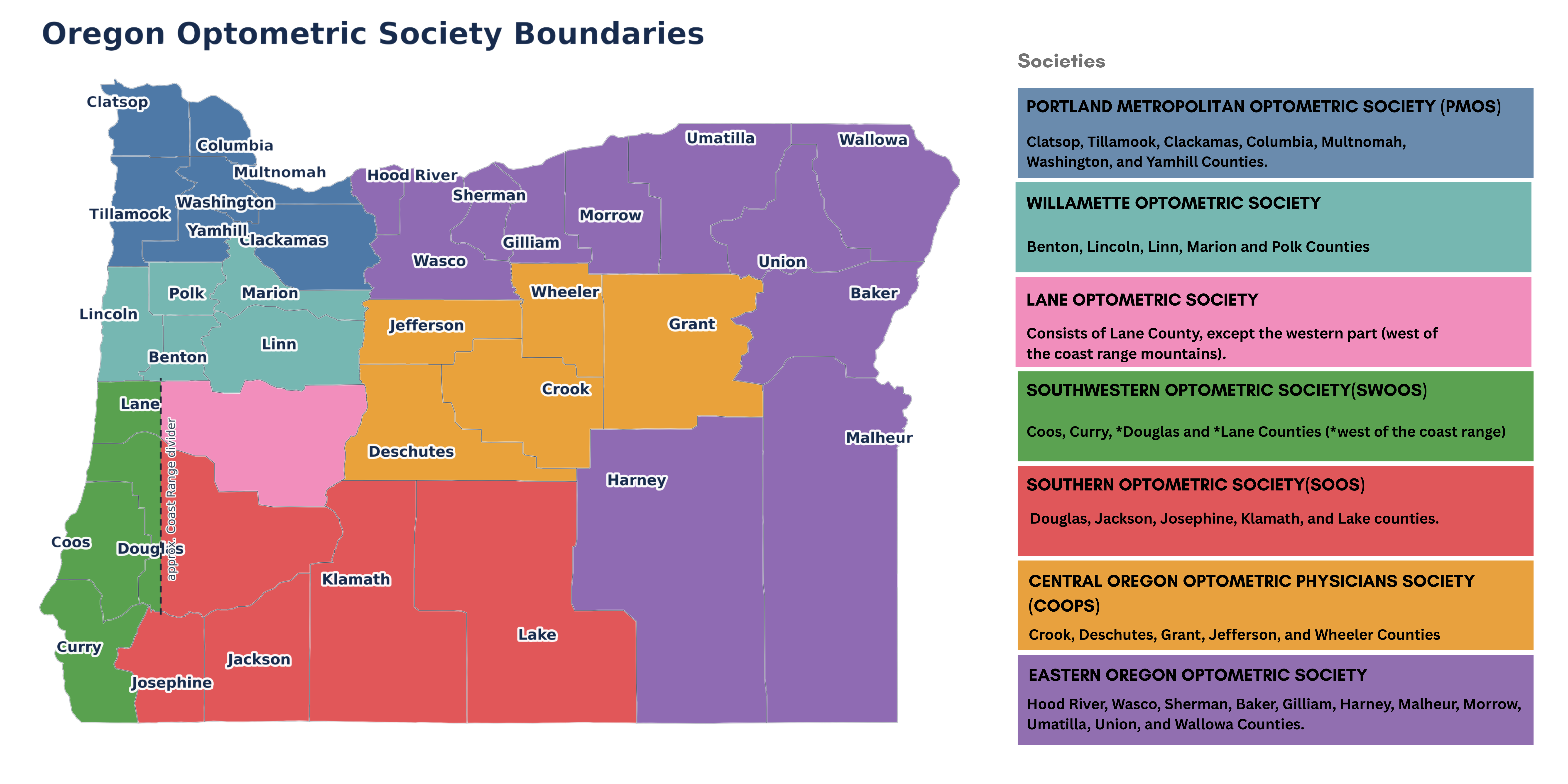 Oregon Optometric Society boundaries showing Oregon counties organized into seven regional optometric societies.